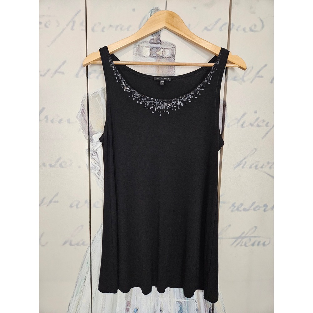 Eileen Fisher Tank Top Small Black Sequin Neck 100% Silk Sleeveless Shell Luxury